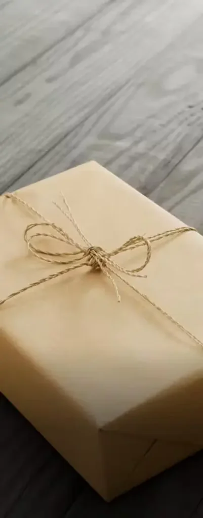 Small package wrapped in brown paper and tied with string on a table